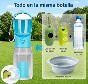 Todo en la misma botella: dispensador de bolsas, bebedero portátil y botella de agua